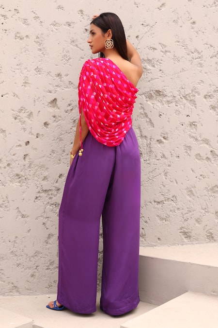 Shop_Aapro_Pink Modal, Silk, Satin Beads One Shoulder Zara Mothda Pattern Top And Pant Set _at_Aza_Fashions