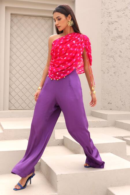 Aapro_Pink Modal, Silk, Satin Beads One Shoulder Zara Mothda Pattern Top And Pant Set _Online_at_Aza_Fashions