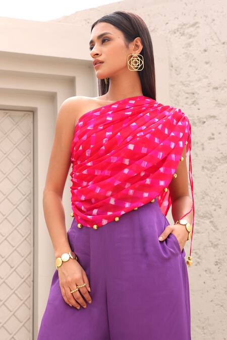 Aapro_Pink Modal, Silk, Satin Beads One Shoulder Zara Mothda Pattern Top And Pant Set _at_Aza_Fashions