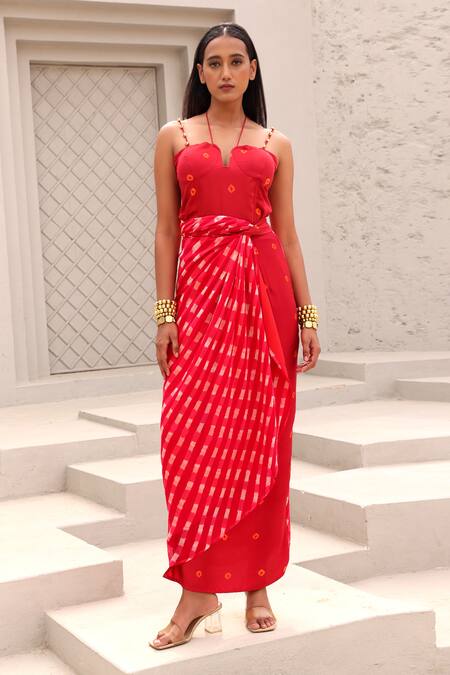 Aapro_Red Modal, Cotton Satin Beads Halter Neck Blair Bandhej Pattern Dress_Online_at_Aza_Fashions