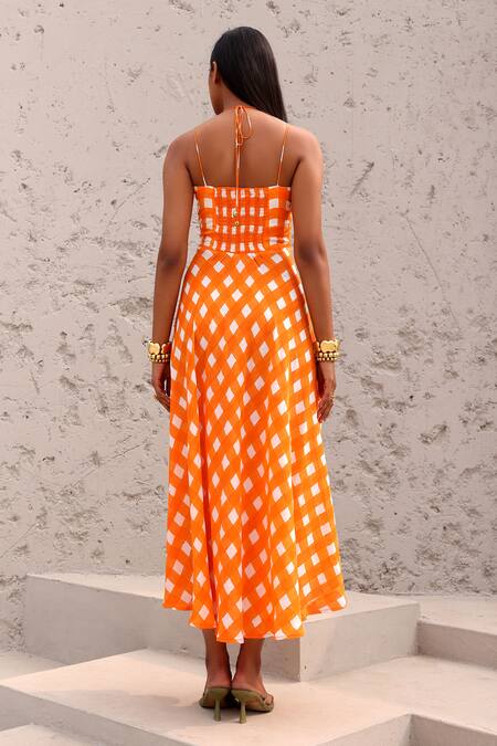 Shop_Aapro_Orange Cotton Halter Neck Checkered Hand Block Printed Dress _at_Aza_Fashions