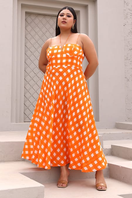 Aapro_Orange Cotton Halter Neck Checkered Hand Block Printed Dress _Online_at_Aza_Fashions