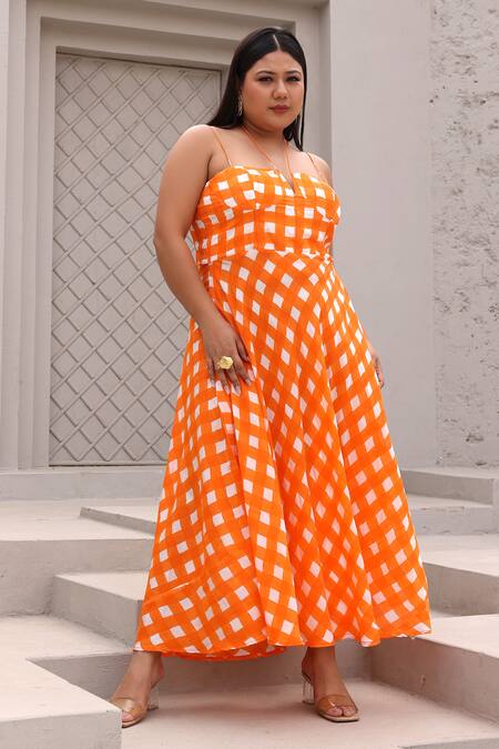 Buy_Aapro_Orange Cotton Halter Neck Checkered Hand Block Printed Dress _Online_at_Aza_Fashions