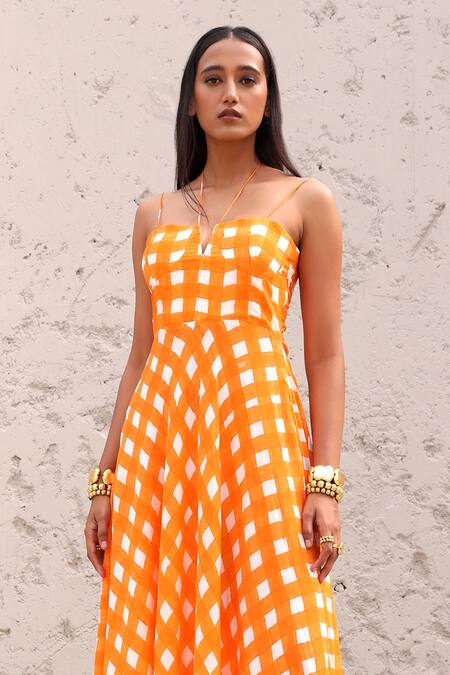 Shop_Aapro_Orange Cotton Halter Neck Checkered Hand Block Printed Dress _Online_at_Aza_Fashions