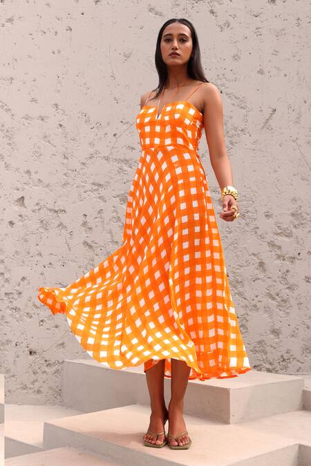 Aapro_Orange Cotton Halter Neck Checkered Hand Block Printed Dress _at_Aza_Fashions