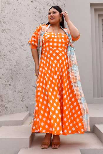 Aapro_Multi Color Cotton Beads Halter Neck, Round Checkered Print Dress With Jacket _Online_at_Aza_Fashions