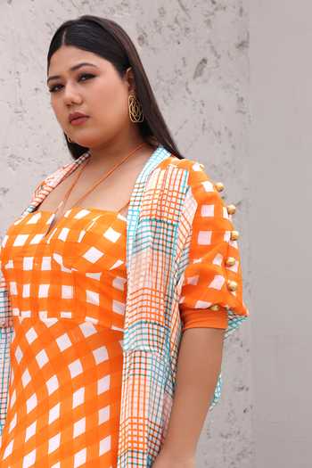 Buy_Aapro_Multi Color Cotton Beads Halter Neck, Round Checkered Print Dress With Jacket _Online_at_Aza_Fashions
