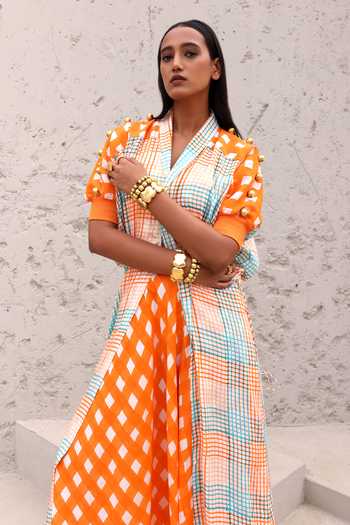 Shop_Aapro_Multi Color Cotton Beads Halter Neck, Round Checkered Print Dress With Jacket _Online_at_Aza_Fashions