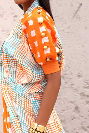 Aapro_Multi Color Cotton Beads Halter Neck, Round Checkered Print Dress With Jacket _at_Aza_Fashions