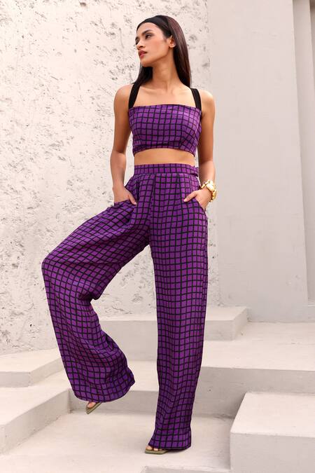 Aapro_Purple Crepe Square Neck Harmony Checkered Print Bustier And Pant Set _Online_at_Aza_Fashions