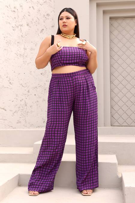 Aapro_Purple Crepe Square Neck Harmony Checkered Print Bustier And Pant Set _at_Aza_Fashions