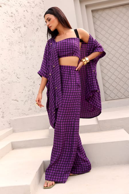 Shop_Aapro_Purple Crepe Beads, Embroidery Collared, Square Checkered Print Shirt Pant Set _at_Aza_Fashions