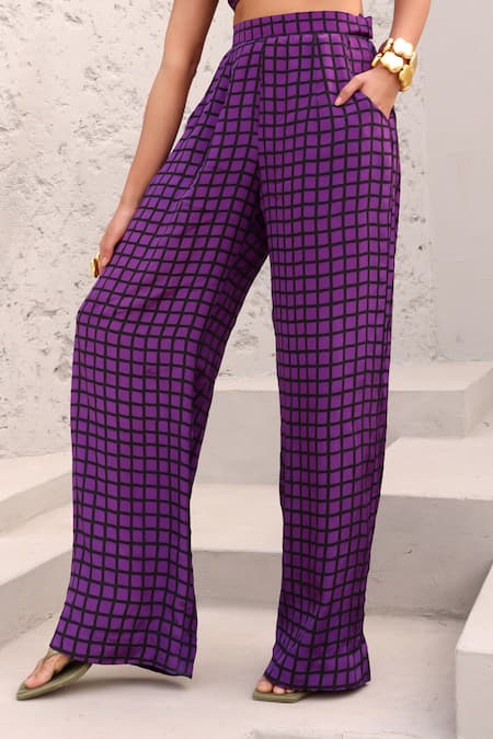 Aapro Purple Crepe Beads, Embroidery Collared, Square Checkered Print Shirt Pant Set Online at Aza Fashions Aapro_Purple Crepe Beads, Embroidery Collared, Square Checkered Print Shirt Pant Set _Online_at_Aza_Fashions