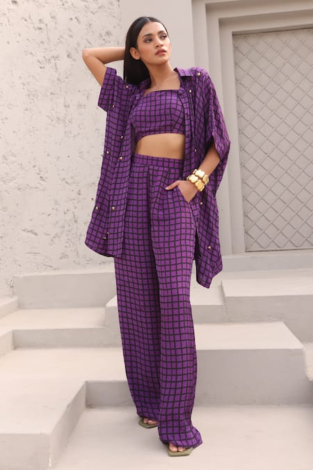 Buy_Aapro_Purple Crepe Beads, Embroidery Collared, Square Checkered Print Shirt Pant Set _Online_at_Aza_Fashions