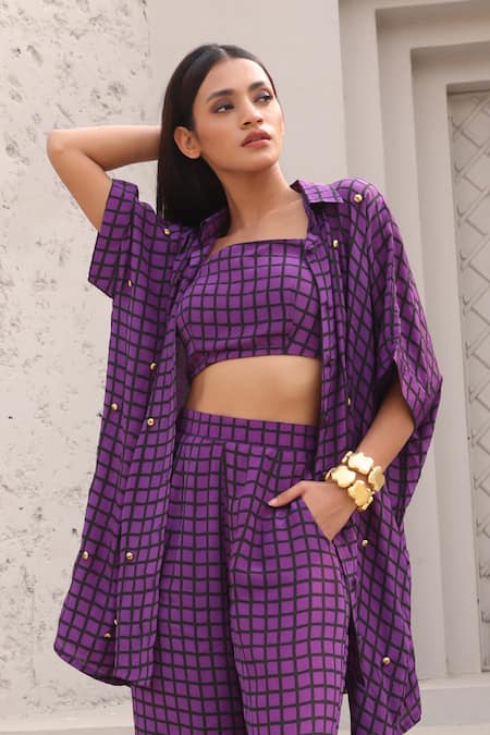 Shop Aapro Purple Crepe Beads, Embroidery Collared, Square Checkered Print Shirt Pant Set Online at Aza Fashions Shop_Aapro_Purple Crepe Beads, Embroidery Collared, Square Checkered Print Shirt Pant Set _Online_at_Aza_Fashions