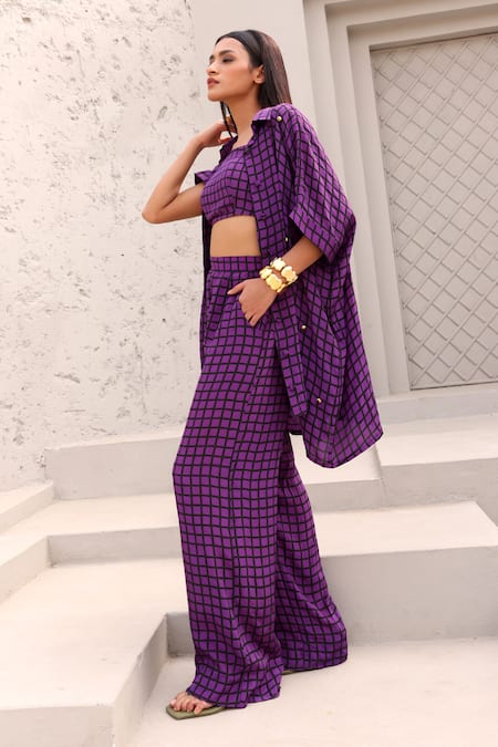 Aapro_Purple Crepe Beads, Embroidery Collared, Square Checkered Print Shirt Pant Set _at_Aza_Fashions