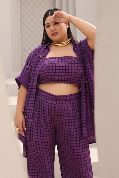 Buy_Aapro_Purple Crepe Beads, Embroidery Collared, Square Checkered Print Shirt Pant Set 