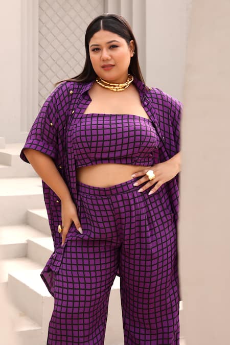 Shop_Aapro_Purple Crepe Beads, Embroidery Collared, Square Checkered Print Shirt Pant Set 
