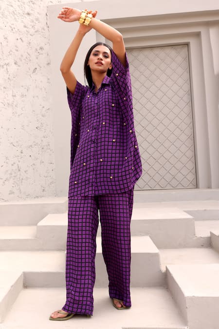 Aapro Purple Natural Crepe Hand Block Printed Checkered Elliot Shirt And Pant Set 