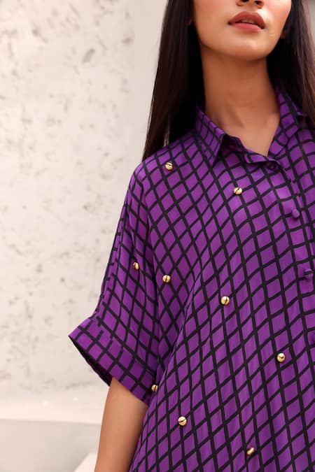 Aapro_Purple Crepe Beads Collared Elliot Checkered Print Shirt And Pant Set _Online_at_Aza_Fashions