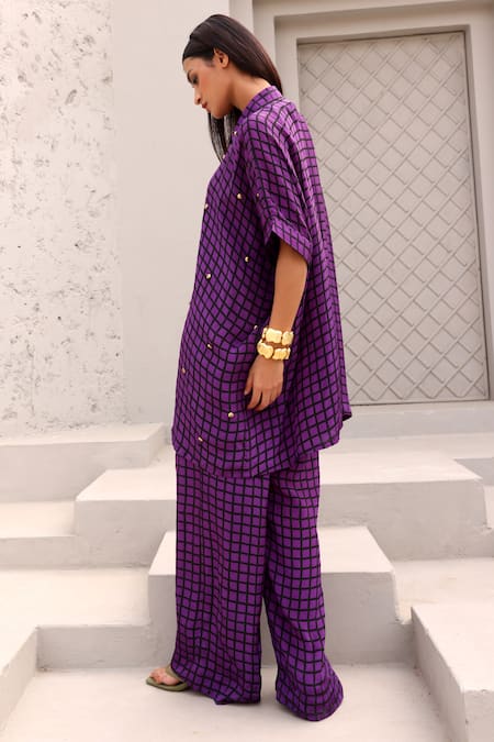 Buy_Aapro_Purple Crepe Beads Collared Elliot Checkered Print Shirt And Pant Set _Online_at_Aza_Fashions