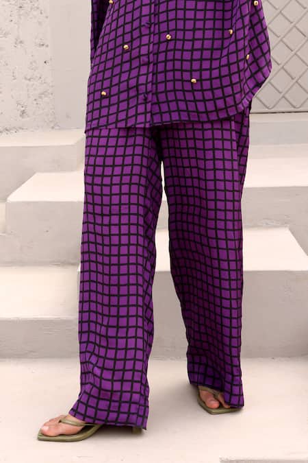 Shop Aapro Purple Crepe Beads Collared Elliot Checkered Print Shirt And Pant Set Online at Aza Fashions Shop_Aapro_Purple Crepe Beads Collared Elliot Checkered Print Shirt And Pant Set _Online_at_Aza_Fashions