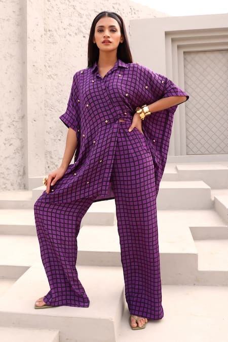 Aapro_Purple Crepe Beads Collared Elliot Checkered Print Shirt And Pant Set _at_Aza_Fashions