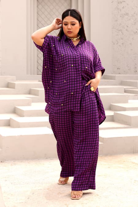 Buy_Aapro_Purple Crepe Beads Collared Elliot Checkered Print Shirt And Pant Set 