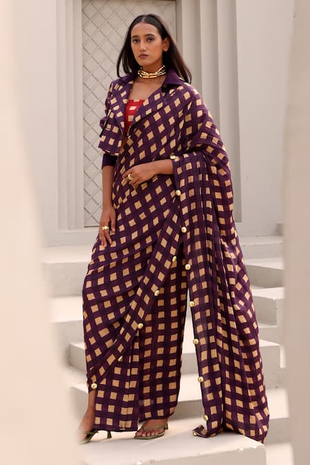 Shop Aapro Beige Crepe Beads Square Neck, Collared Printed Pre-draped Saree Set With Jacket at Aza Fashions Shop_Aapro_Beige Crepe Beads Square Neck, Collared Printed Pre-draped Saree Set With Jacket _at_Aza_Fashions