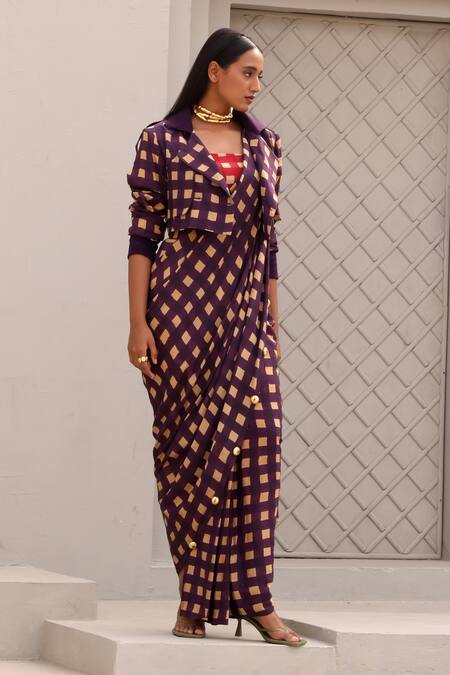 Aapro_Beige Crepe Beads Square Neck, Collared Printed Pre-draped Saree Set With Jacket _Online_at_Aza_Fashions