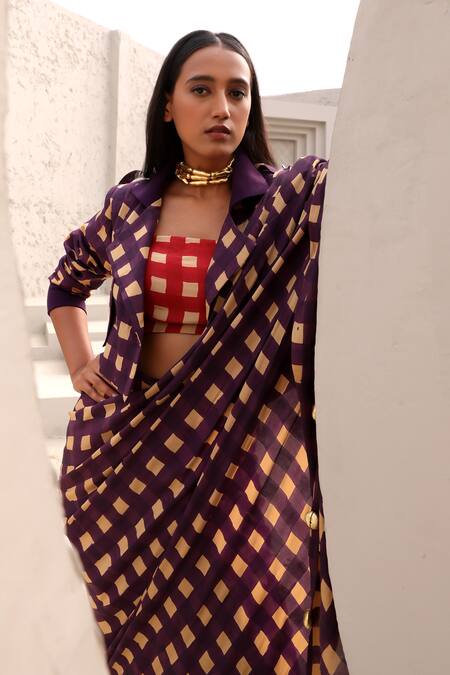 Shop Aapro Beige Crepe Beads Square Neck, Collared Printed Pre-draped Saree Set With Jacket Online at Aza Fashions Shop_Aapro_Beige Crepe Beads Square Neck, Collared Printed Pre-draped Saree Set With Jacket _Online_at_Aza_Fashions