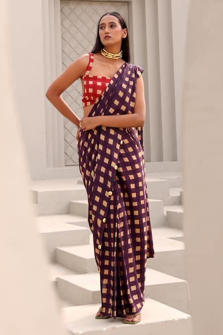 Shop Aapro Purple Crepe Beads Round Neck Checkered Pre-draped Saree And Bustier Set at Aza Fashions Shop_Aapro_Purple Crepe Beads Round Neck Checkered Pre-draped Saree And Bustier Set _at_Aza_Fashions