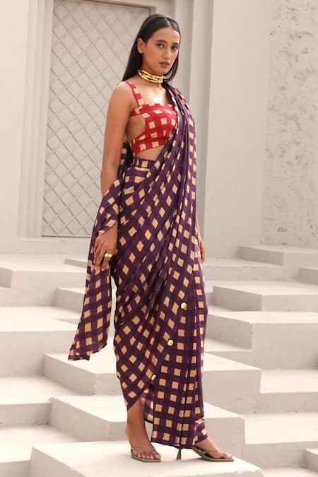 Buy Aapro Purple Crepe Beads Round Neck Checkered Pre-draped Saree And Bustier Set Online at Aza Fashions Buy_Aapro_Purple Crepe Beads Round Neck Checkered Pre-draped Saree And Bustier Set _Online_at_Aza_Fashions