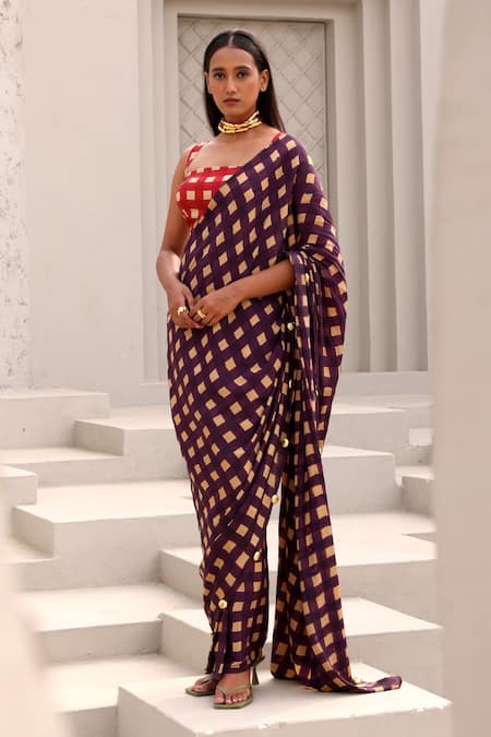 Shop Aapro Purple Crepe Beads Round Neck Checkered Pre-draped Saree And Bustier Set Online at Aza Fashions Shop_Aapro_Purple Crepe Beads Round Neck Checkered Pre-draped Saree And Bustier Set _Online_at_Aza_Fashions