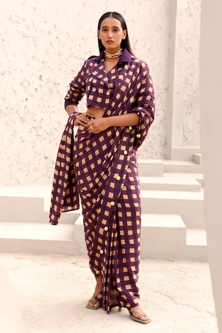 Aapro Jane Block Printed Pre-Draped Saree With Jacket 