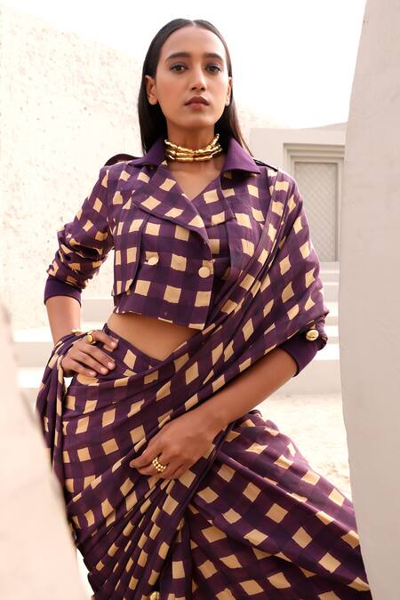 Aapro Beige Crepe Beads Collared Jane Block Printed Pre-draped Saree With Jacket Online at Aza Fashions Aapro_Beige Crepe Beads Collared Jane Block Printed Pre-draped Saree With Jacket _Online_at_Aza_Fashions