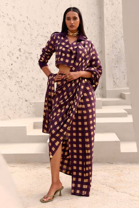 Buy Aapro Beige Crepe Beads Collared Jane Block Printed Pre-draped Saree With Jacket Online at Aza Fashions Buy_Aapro_Beige Crepe Beads Collared Jane Block Printed Pre-draped Saree With Jacket _Online_at_Aza_Fashions