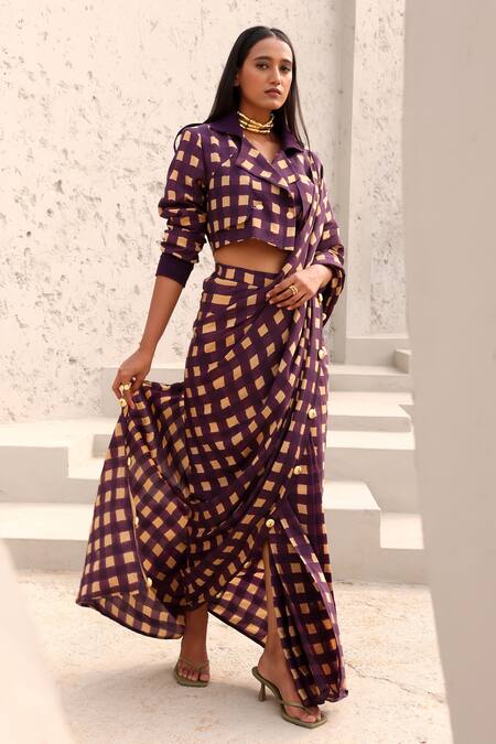 Shop Aapro Beige Crepe Beads Collared Jane Block Printed Pre-draped Saree With Jacket Online at Aza Fashions Shop_Aapro_Beige Crepe Beads Collared Jane Block Printed Pre-draped Saree With Jacket _Online_at_Aza_Fashions