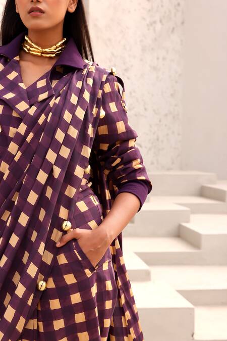 Aapro Beige Crepe Beads Collared Jane Block Printed Pre-draped Saree With Jacket at Aza Fashions Aapro_Beige Crepe Beads Collared Jane Block Printed Pre-draped Saree With Jacket _at_Aza_Fashions