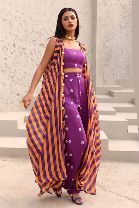 Shop Aapro Purple Organza, Modal Beads Open Neck, Bridget Stripe Print Jacket Pant Set at Aza Fashions Shop_Aapro_Purple Organza, Modal Beads Open Neck, Bridget Stripe Print Jacket Pant Set _at_Aza_Fashions