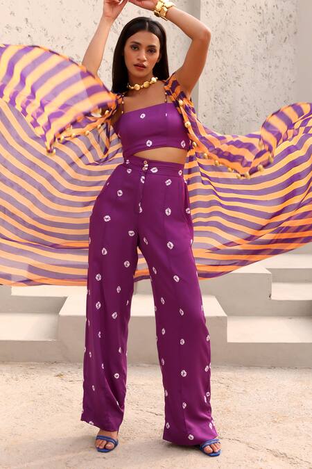 Aapro Purple Organza, Modal Beads Open Neck, Bridget Stripe Print Jacket Pant Set Online at Aza Fashions Aapro_Purple Organza, Modal Beads Open Neck, Bridget Stripe Print Jacket Pant Set _Online_at_Aza_Fashions