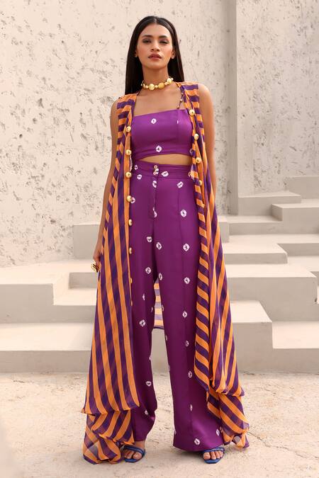 Buy Aapro Purple Organza, Modal Beads Open Neck, Bridget Stripe Print Jacket Pant Set Online at Aza Fashions Buy_Aapro_Purple Organza, Modal Beads Open Neck, Bridget Stripe Print Jacket Pant Set _Online_at_Aza_Fashions