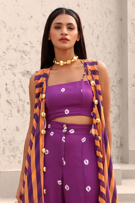 Shop Aapro Purple Organza, Modal Beads Open Neck, Bridget Stripe Print Jacket Pant Set Online at Aza Fashions Shop_Aapro_Purple Organza, Modal Beads Open Neck, Bridget Stripe Print Jacket Pant Set _Online_at_Aza_Fashions