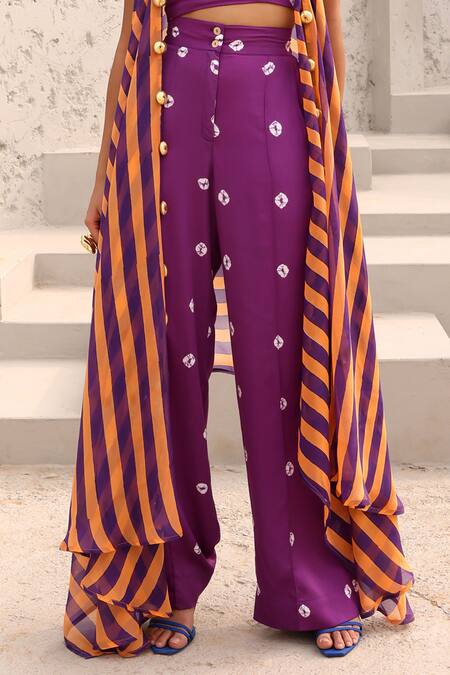 Aapro Purple Organza, Modal Beads Open Neck, Bridget Stripe Print Jacket Pant Set at Aza Fashions Aapro_Purple Organza, Modal Beads Open Neck, Bridget Stripe Print Jacket Pant Set _at_Aza_Fashions