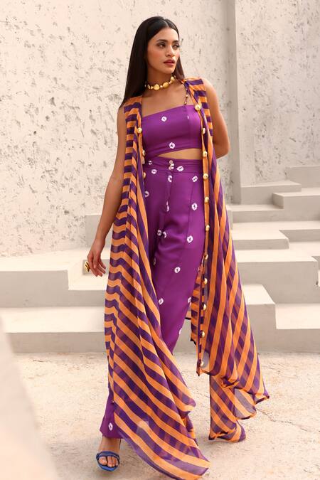 Buy Aapro Purple Organza, Modal Beads Open Neck, Bridget Stripe Print Jacket Pant Set Buy_Aapro_Purple Organza, Modal Beads Open Neck, Bridget Stripe Print Jacket Pant Set