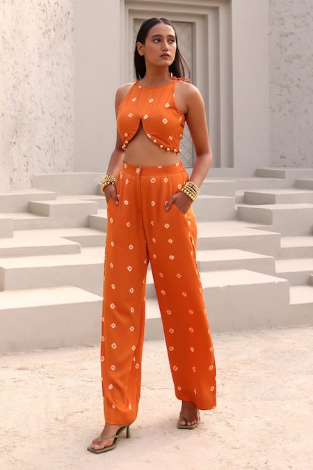 Shop Aapro Orange Modal, Satin Beads, Embroidery Paula Bandhej Pattern Bustier And Pant Set at Aza Fashions Shop_Aapro_Orange Modal, Satin Beads, Embroidery Paula Bandhej Pattern Bustier And Pant Set _at_Aza_Fashions