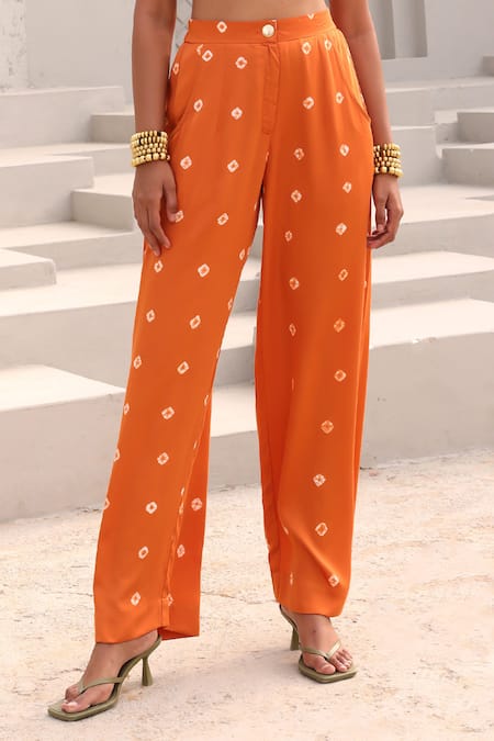 Shop Aapro Orange Modal, Satin Beads, Embroidery Paula Bandhej Pattern Bustier And Pant Set Online at Aza Fashions Shop_Aapro_Orange Modal, Satin Beads, Embroidery Paula Bandhej Pattern Bustier And Pant Set _Online_at_Aza_Fashions