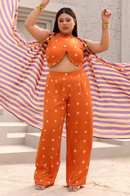 Aapro Orange Organza, Modal, Satin Beads Open Neck, Veda Stripe Print Jacket Pant Set Online at Aza Fashions Aapro_Orange Organza, Modal, Satin Beads Open Neck, Veda Stripe Print Jacket Pant Set _Online_at_Aza_Fashions
