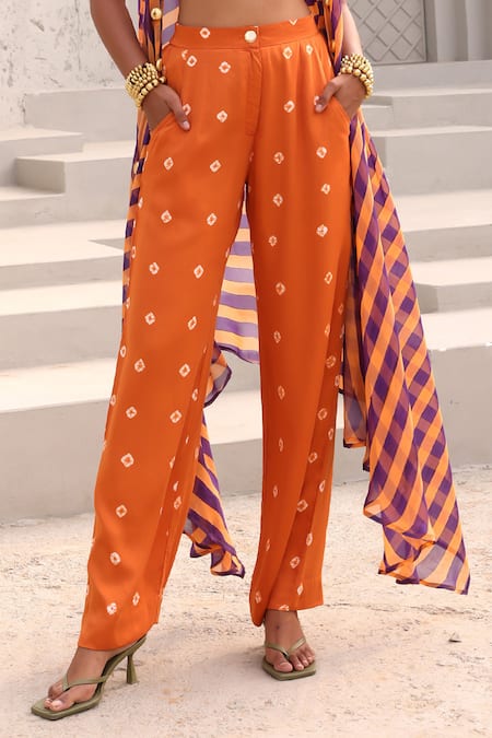 Buy Aapro Orange Organza, Modal, Satin Beads Open Neck, Veda Stripe Print Jacket Pant Set Online at Aza Fashions Buy_Aapro_Orange Organza, Modal, Satin Beads Open Neck, Veda Stripe Print Jacket Pant Set _Online_at_Aza_Fashions