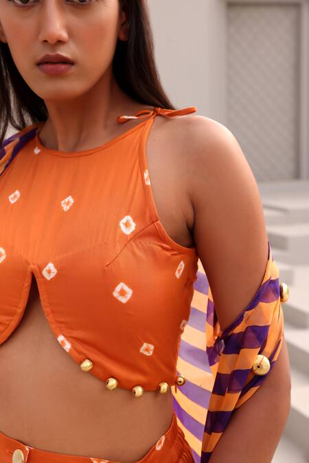 Shop Aapro Orange Organza, Modal, Satin Beads Open Neck, Veda Stripe Print Jacket Pant Set Online at Aza Fashions Shop_Aapro_Orange Organza, Modal, Satin Beads Open Neck, Veda Stripe Print Jacket Pant Set _Online_at_Aza_Fashions